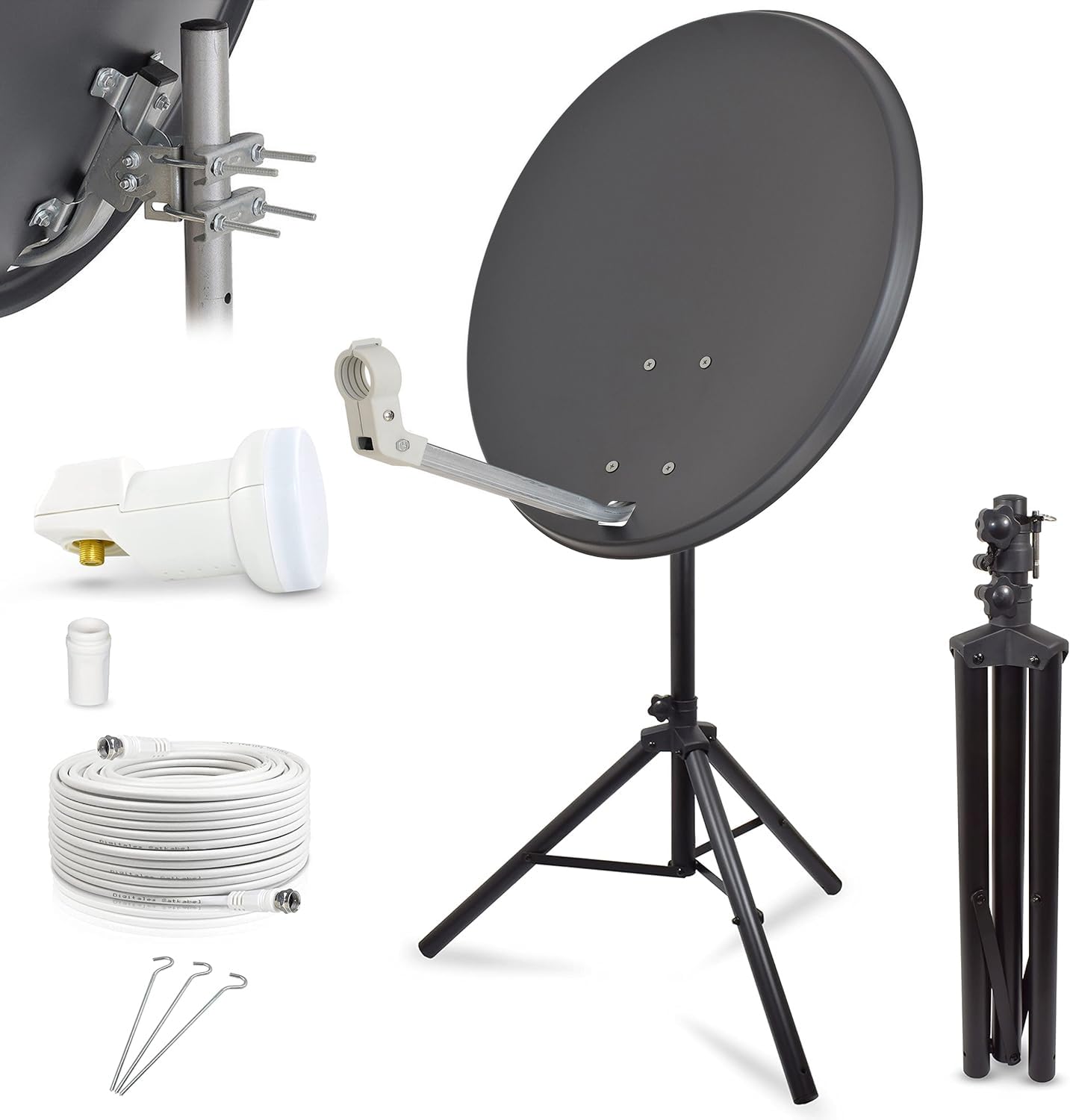 Digitale Camping Sat Anlage Spiegel 60 cm Single LNB 0,1 dB + 10m Kabel + Dreibein Stativ Kabel Balkon Caravan Mobil Schüssel Antenne HD UHD 4K geeignet d