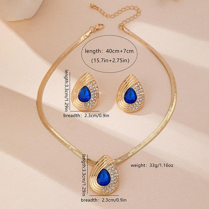 PLOUTOS Teardrop Blue Crystal Pendant Necklace Earrings For Women Elegant Vintage Statement Wedding Party Gold Tone Rhinestone Accents Deep Blue - Image 4