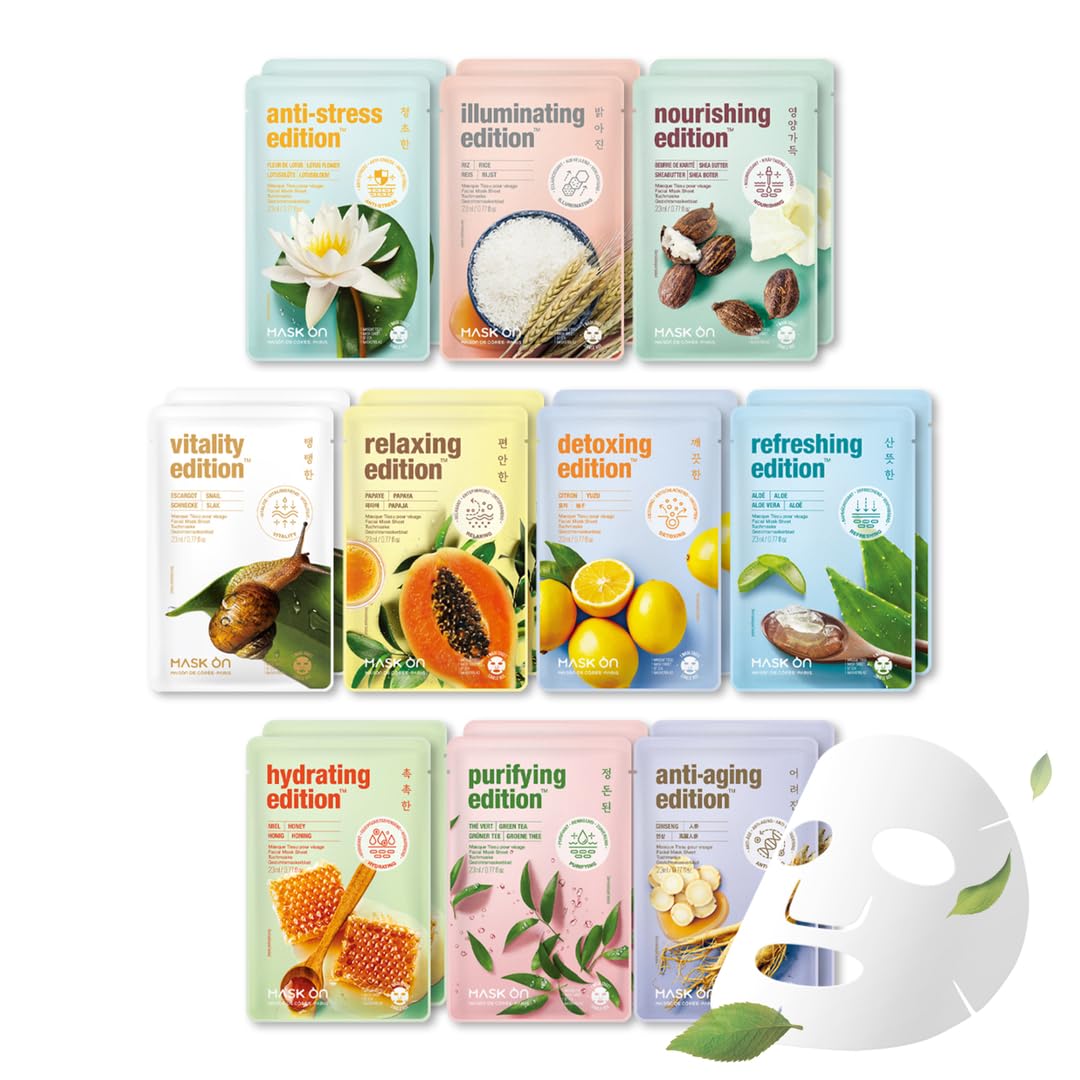 [MASK ON] Mascarilla Facial Coreana (20 EA) - Cuidado diario para una piel impecable, Cuidado diario con 10 Ingredientes Naturales