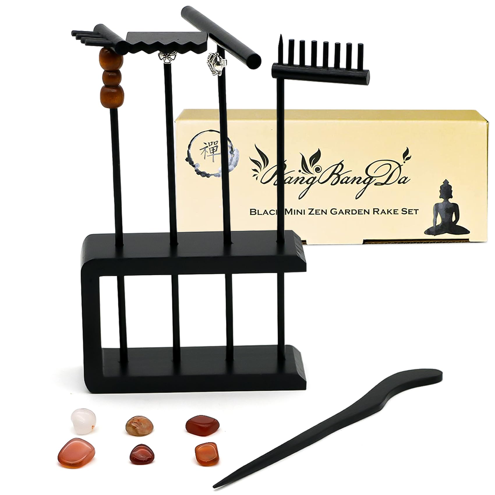 Mini Zen Garden Rake Set - 12 Piece Black Bamboo Sand Rakes with Storage Stand & 6 Crystals - Desktop Meditation Tools for Adults, Stress Relief Zen Gift