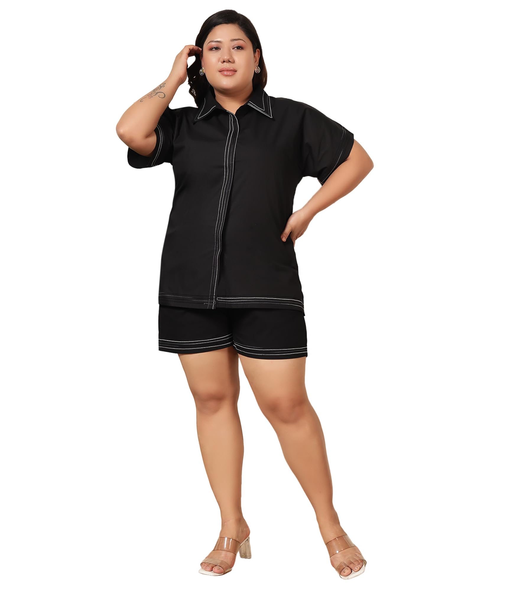 Solid Cotton Shirt & Shorts Plsu Size Co-ord Set for Women's|Collared Neck Kimono Sleeve Regular Fit Stylish Summer Western Casual Wear Ladies Cord Set