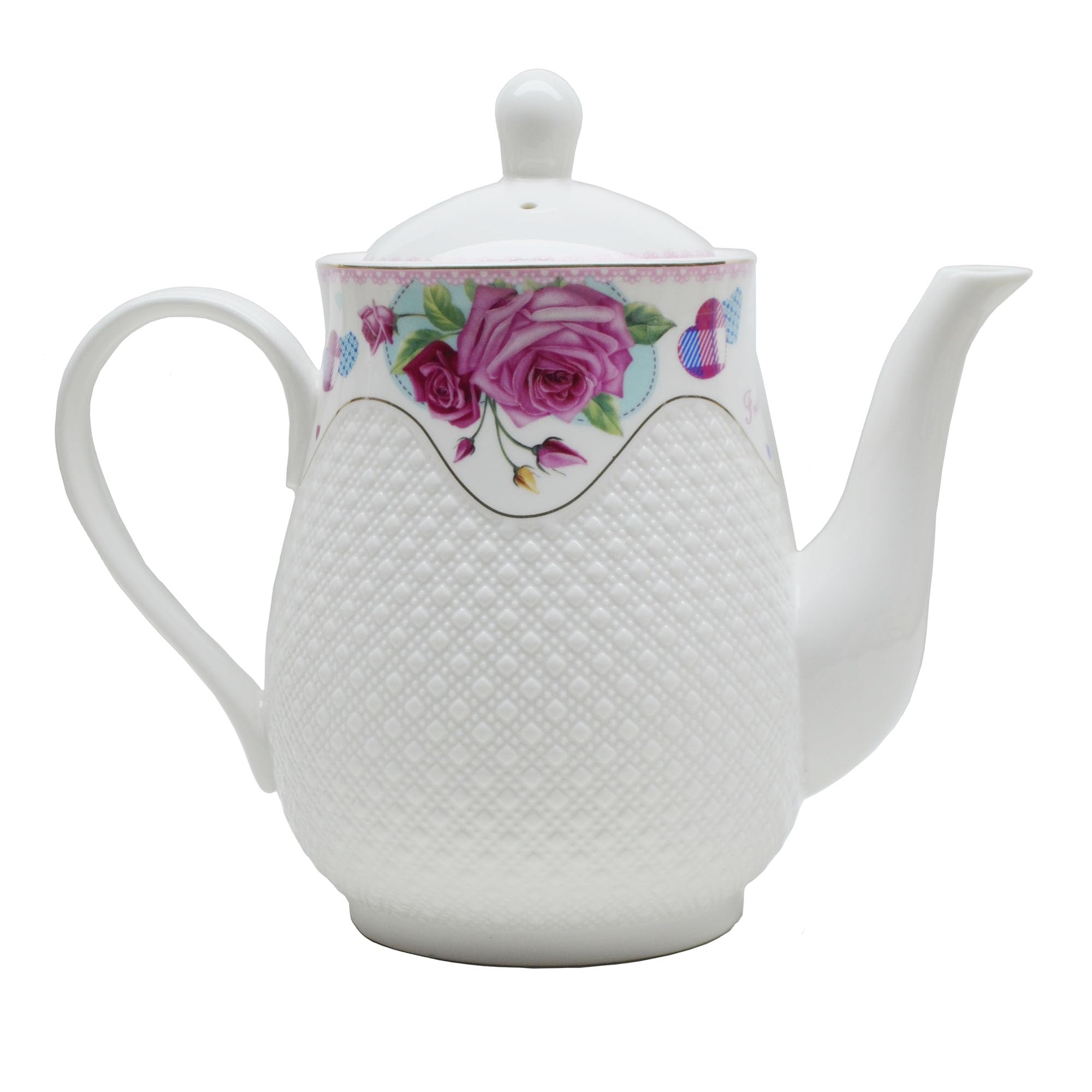 Théière en porcelaine style européen 1,4L avec relief à fleurs et pois