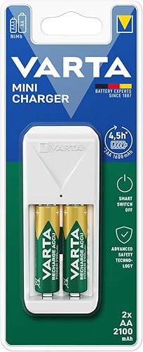 VARTA Cargador de Batería, Incluye 2 x AA 2100 mAh, Carga 2 AAAAA Simultáneamente, Mini Cargador, Blanco