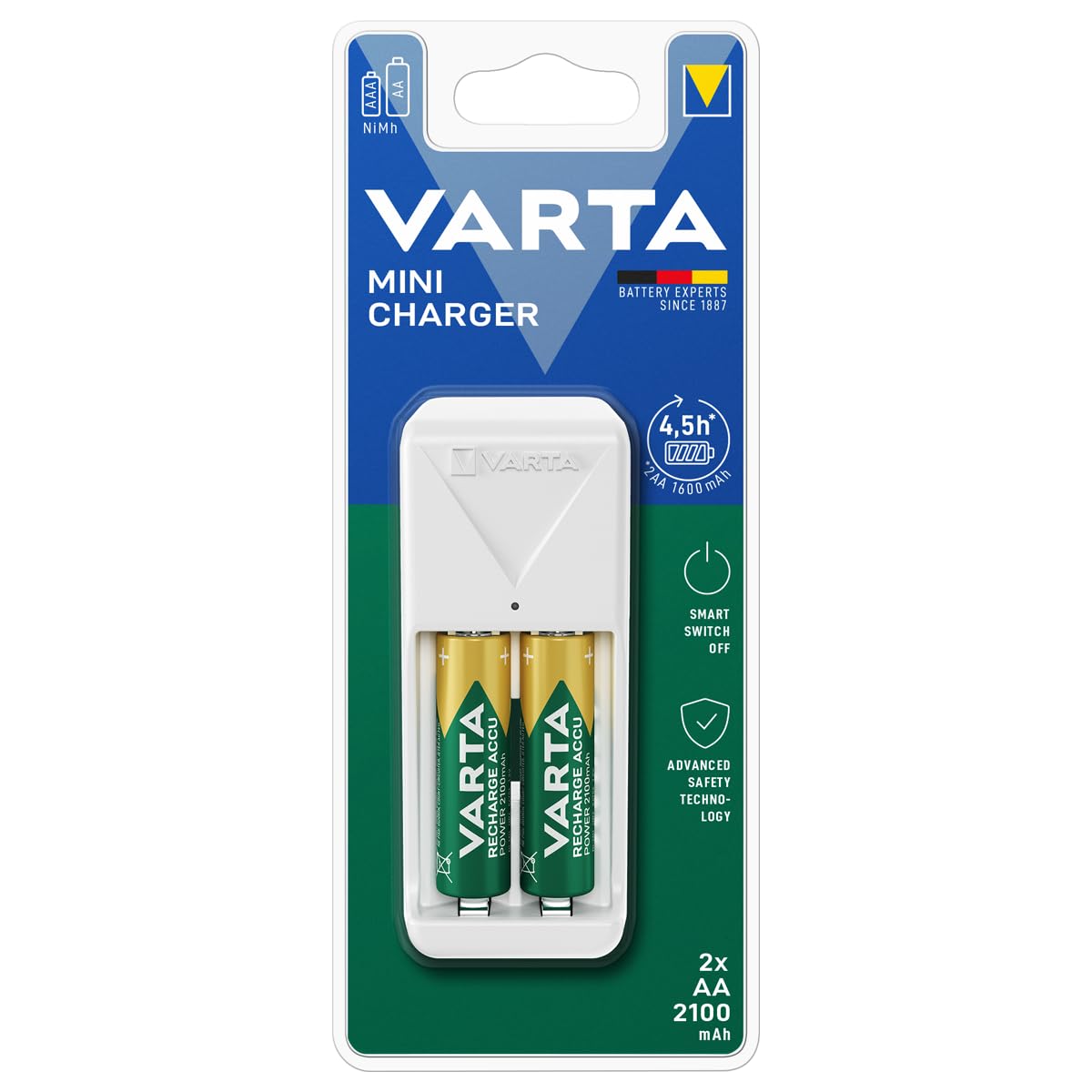 VARTA Battery Charger, Includes 2 x AA 2100 mAh, Charges 2 AA/AAA Simultaneously, Mini Charger, White
