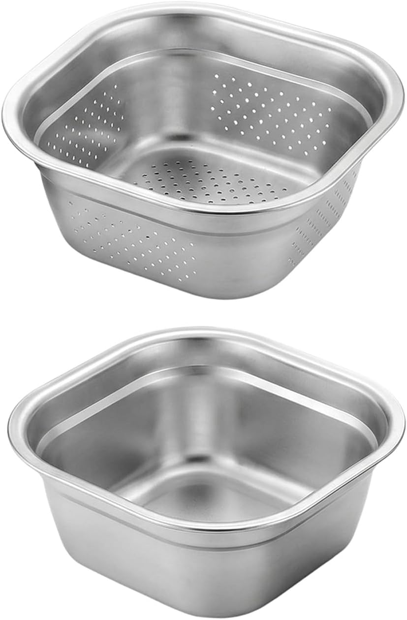 Stainless Steel Colander, Rice Cleaner Strainer Stainless Steel Mixing Bowls Rice Wash Bowl, Vegetable Washing Colander For Washing Vegetables, Fruit, Rices (2pc) (8.3 x 8.3 x 3.5 inches)
