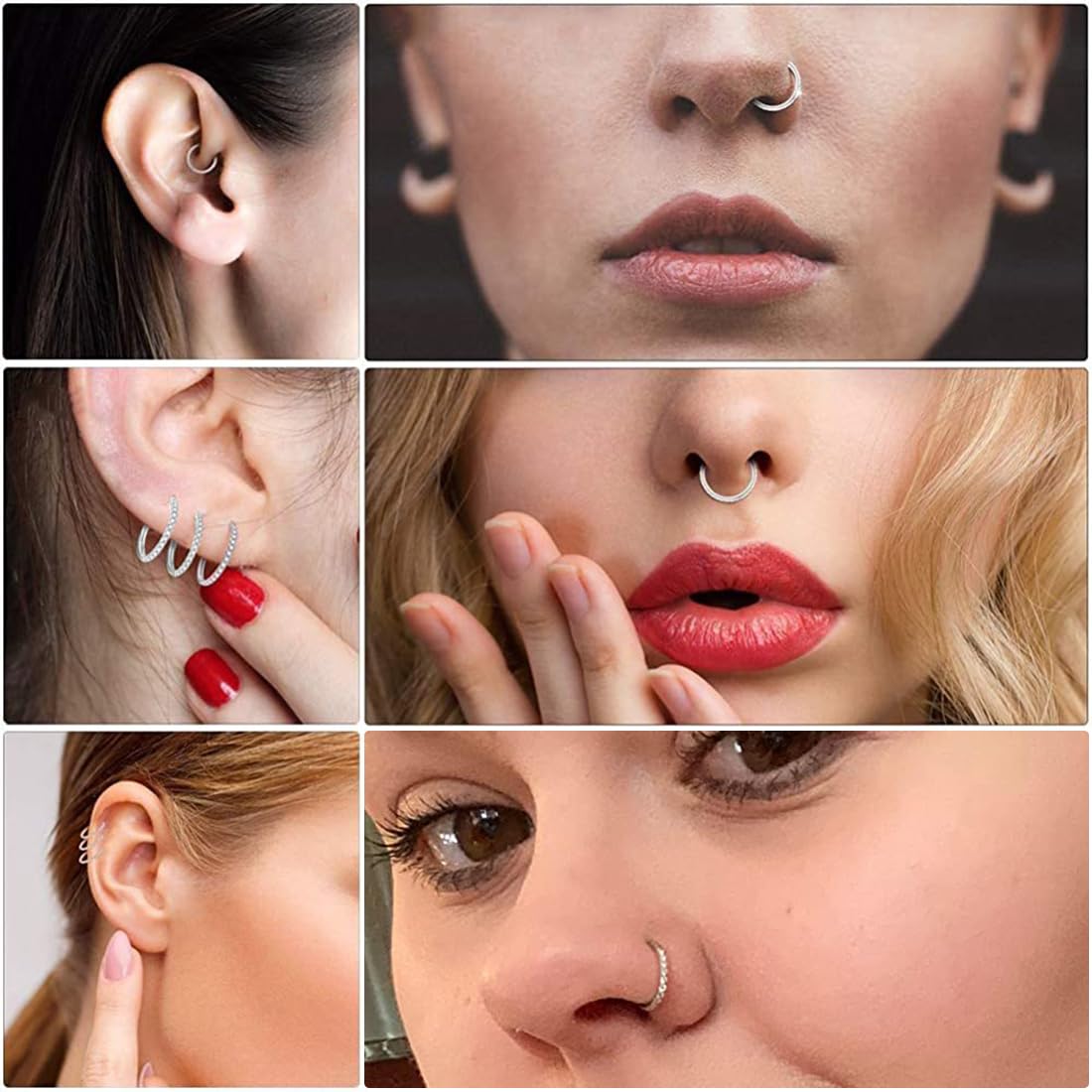 2 Anelli Per Piercing Naso/Orecchio - Acciaio Inossidabile 316L, 8mm/10mm, Argento