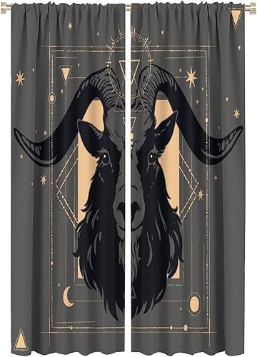 Vista 343 de Cortinas de cabeza de cabra, misteriosa cabeza de cabra malvada, calavera negra, bolsillo para barra, cortinas opacas para ventana, juego de 2