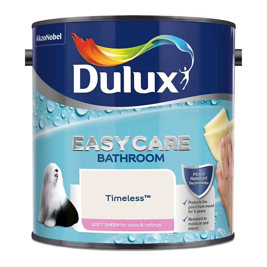 Timeless Dulux Easycare Bathroom Soft Sheen Paint 2.5L – Moisture & Steam Resistant, Mould Protection, Washable Durable Finish for Bathroom Walls & Ceilings