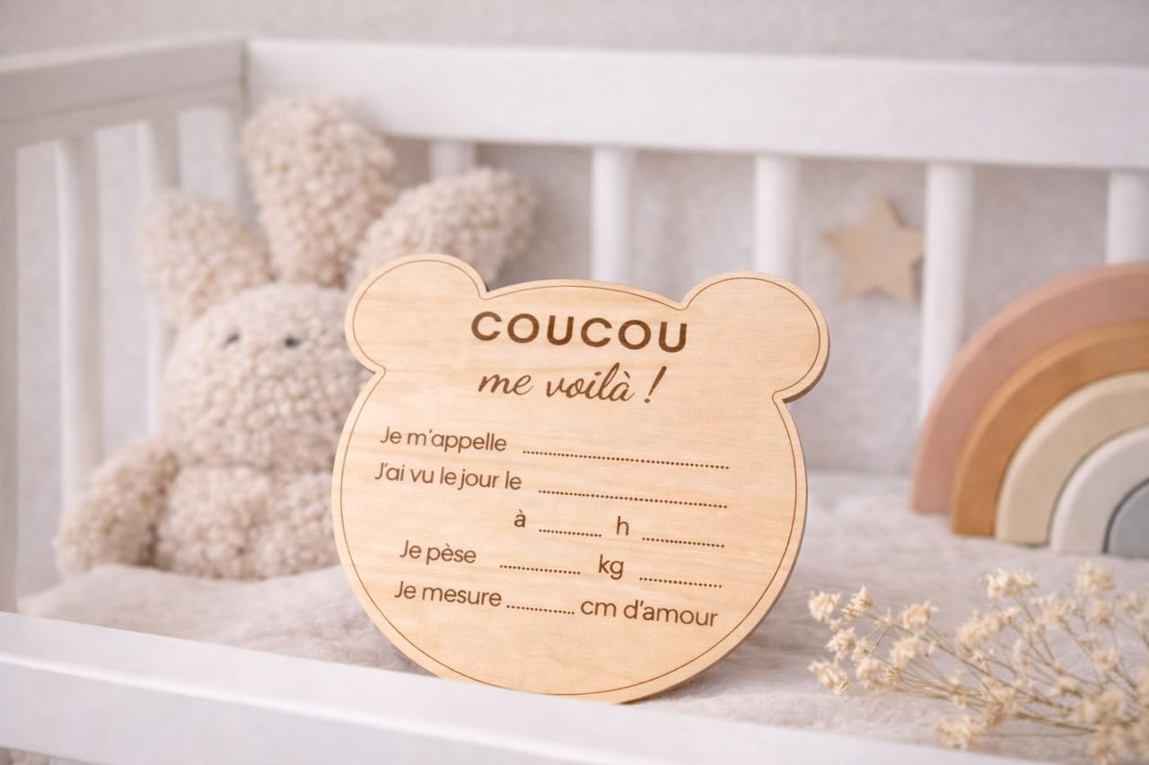 Carte bienvenue annonce naissance prénom bébé en bois - Disque prénom bébé date heure poids taille - Pancarte photo nouveau-né souvenir maternité