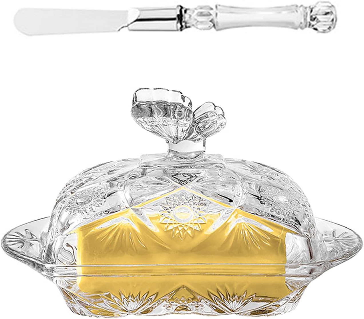 Buachois Glass Butter Dish with Lid and Stainless Steel Butter Knife Butterfly Pattern Multifunctional Butter Dish Transparent Cake Cheese Box Dishwasher Safe for Home