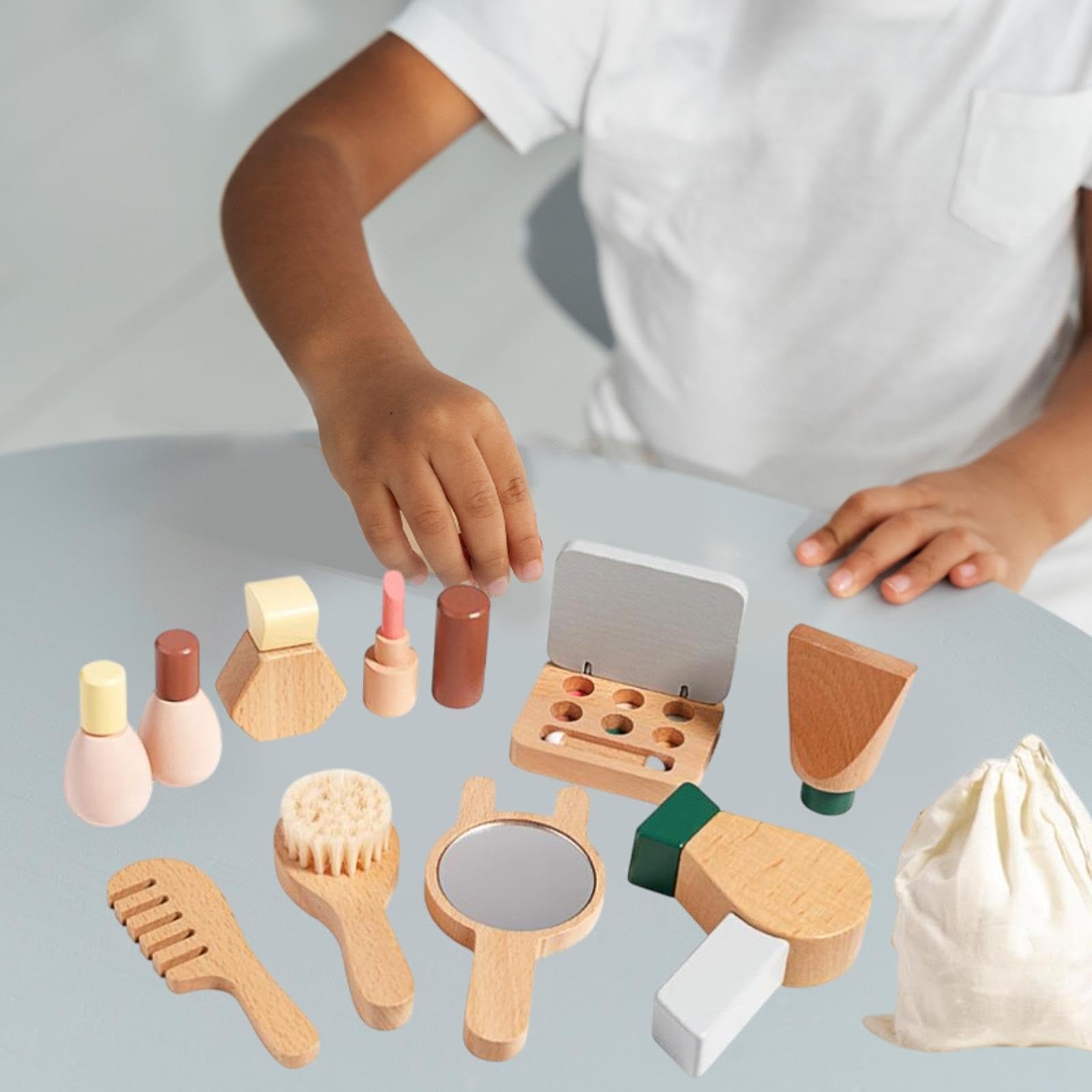 Set di giocattoli per il trucco in legno per bambini, giocattoli da salone per ragazze