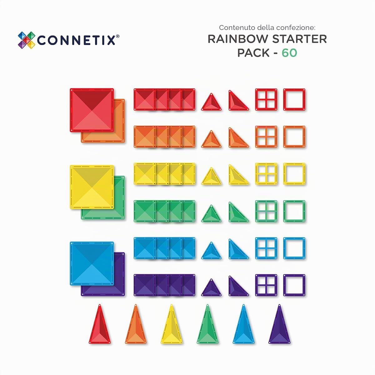 CONNETIX Piastrelle Magnetiche Arcobaleno Pacchetto Iniziale, 60 Pezzi