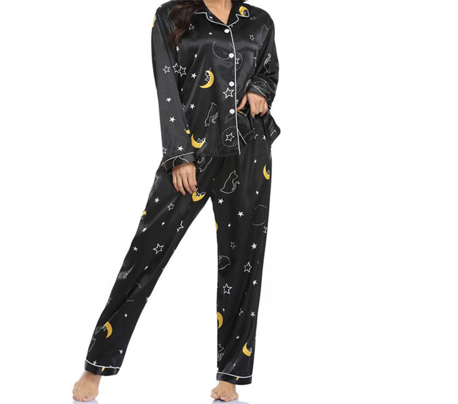 Pyjamas pour Femmes Ensembles Pjs 2 pièces Mode Confort Accueil Satin Revers Pantalon à Manches Longues Bouton Automne Printemps,Style 2,L