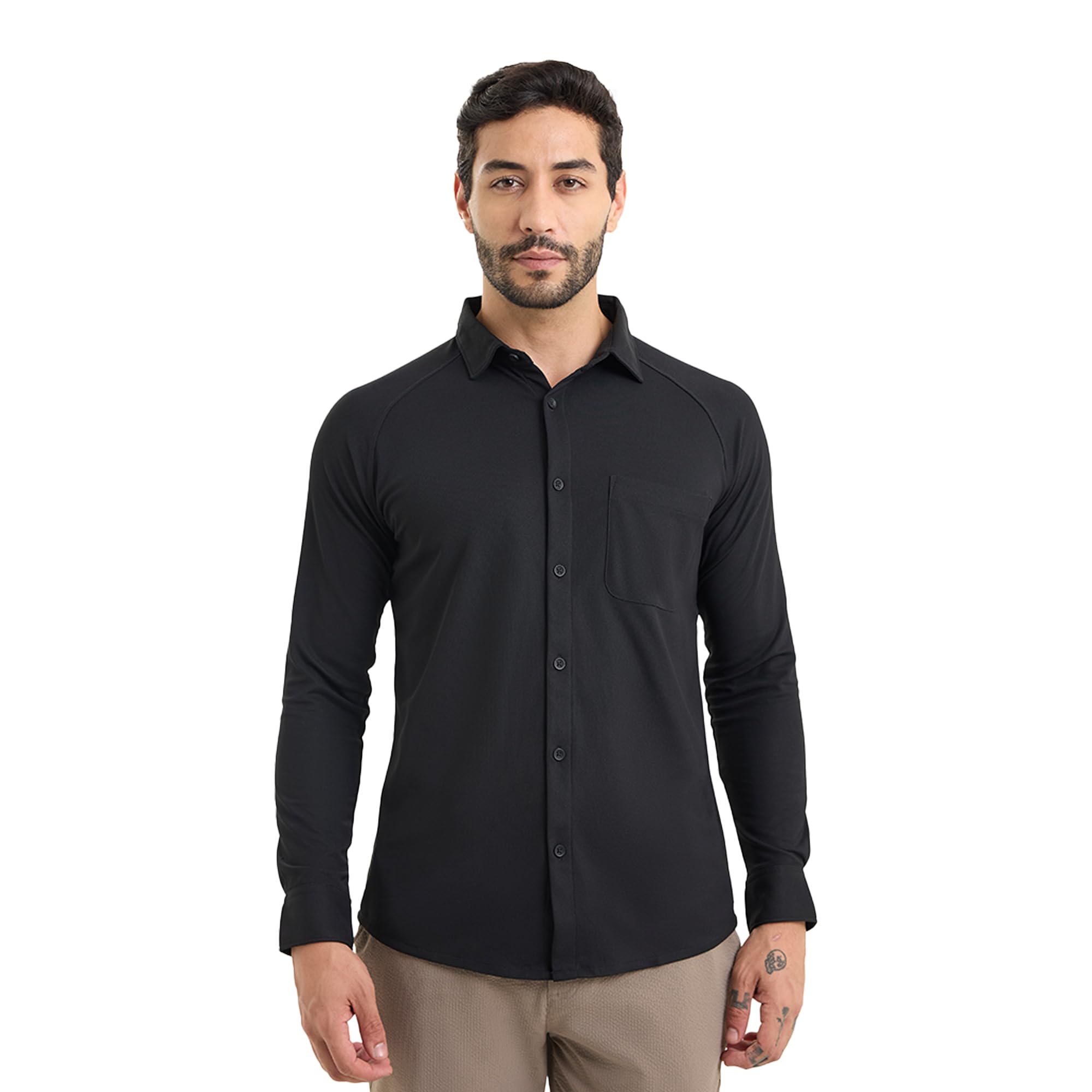 Solid Black Workday Shirt with Raglan Sleeve-image-16