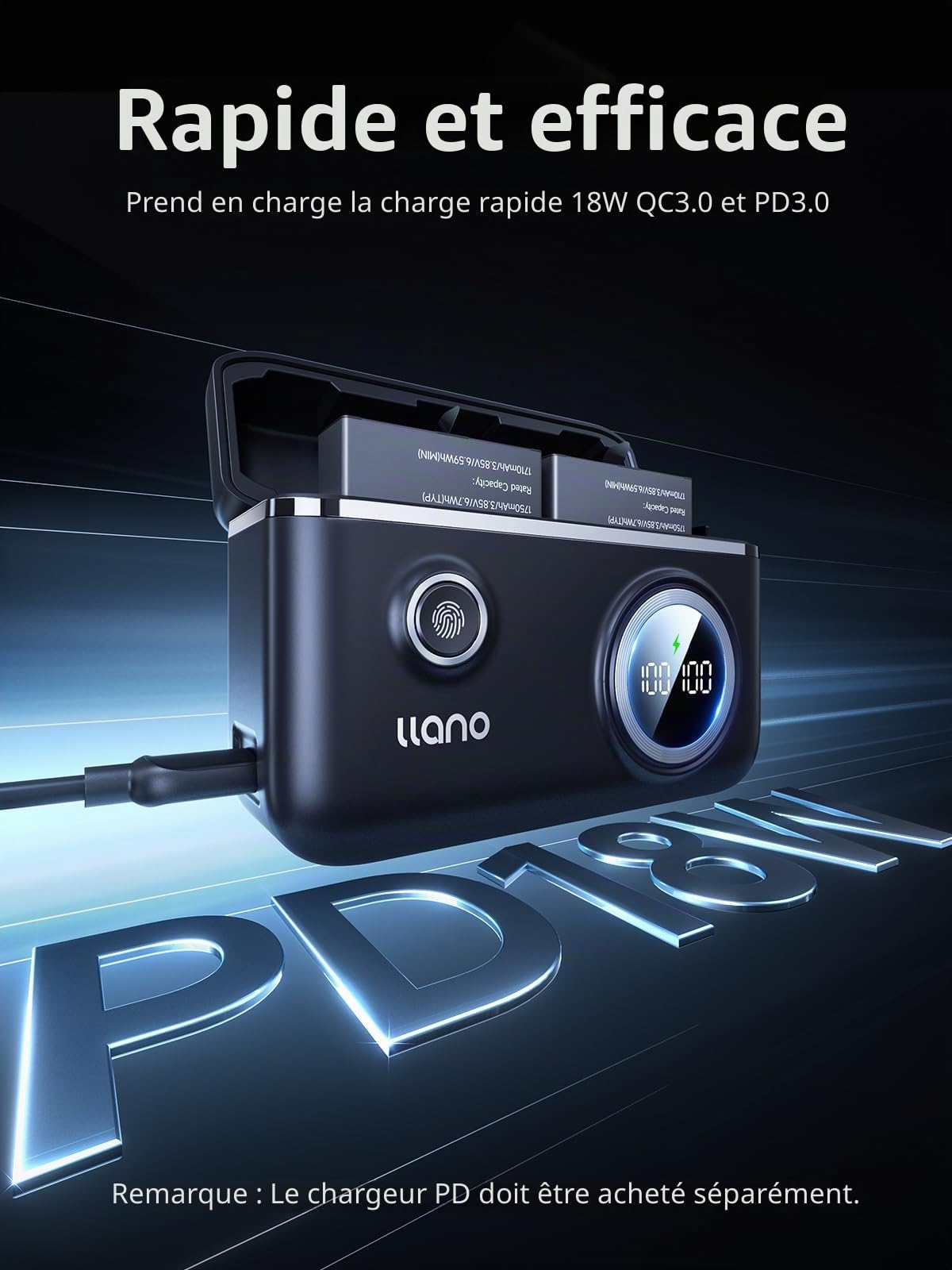 llano Ace Pro Lot de 2 Batteries 360° 1750 mAh et Double Chargeur Rapide 18 W pour Ace Pro/Ace