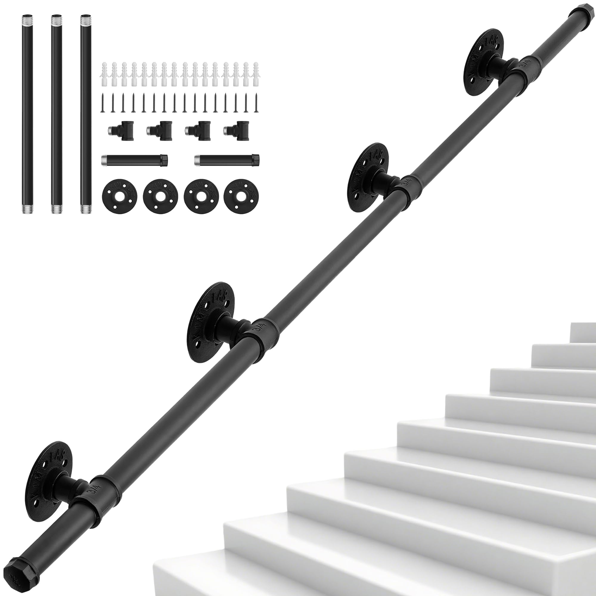 OUUTMEE Corrimano da 335 cm, in ferro battuto, calibro: Ø 25 mm, adatto per interni ed esterni, ringhiere per scale, con supporto a parete e tappi terminali