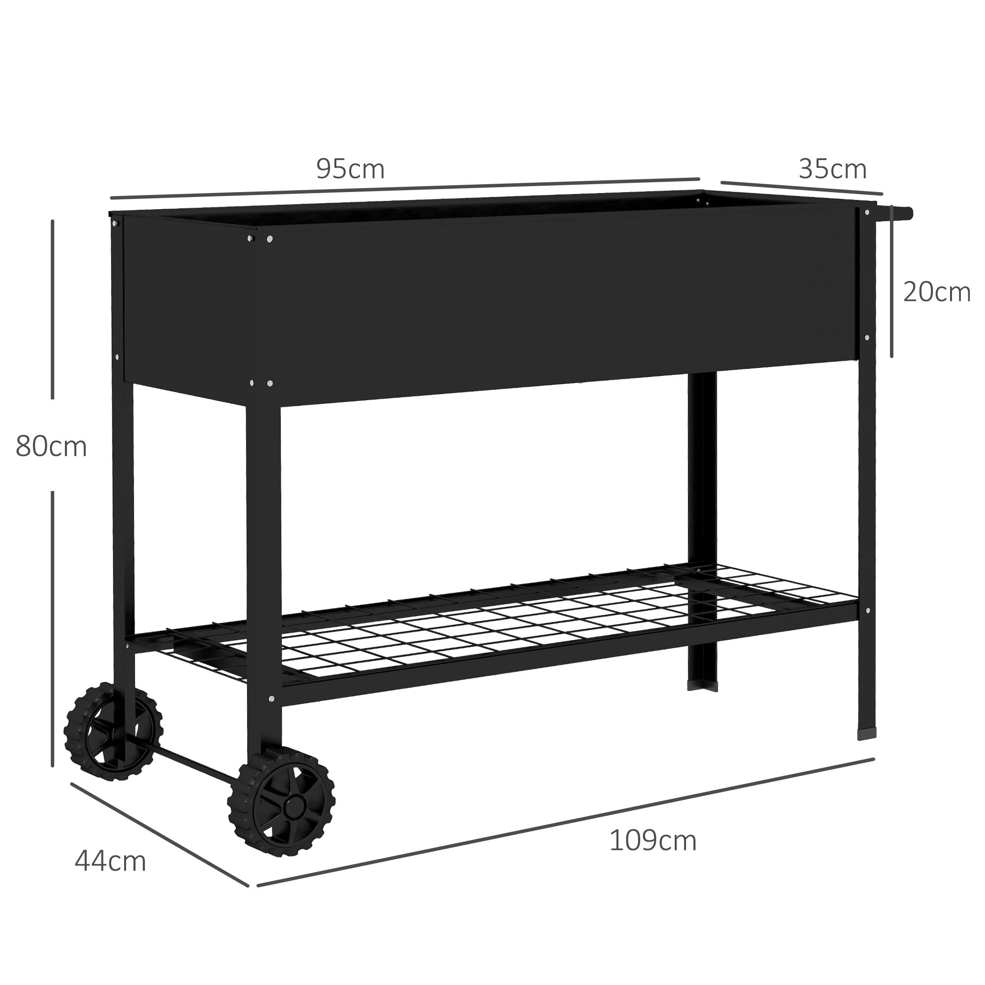 Outsunny Jardinière sur Pieds Potager dim. 109L x 39l x 80H cm étagère 2 Roues + Insert d'irrigation métal Noir