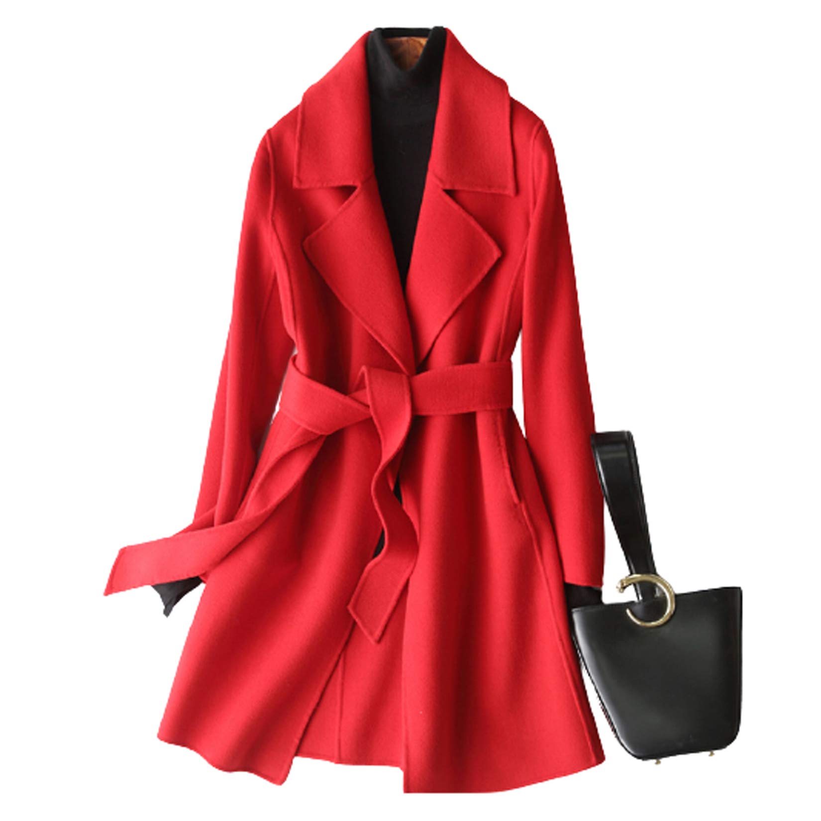 GDXH Womens Wool Trench Coats Autumn Winter Solid Color Cashmere Coat Slim Warm Mid Length Woolen Overcoat Cardigan Jackets Outwear with Belt,Red,XS