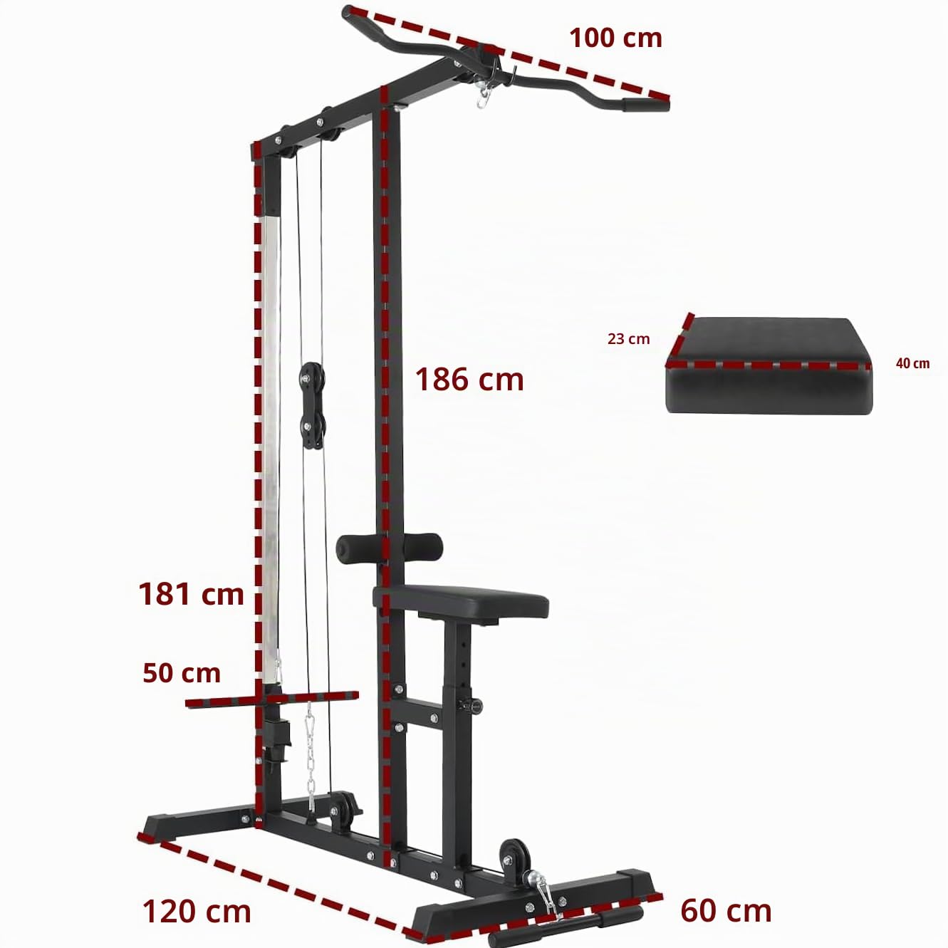 Máquina de poleas para dorsales, Torre de jalón, Banco de Acero multifunción, Barra para tríceps, Capacidad máxima de 280 kg, Entrenamiento Muscular.