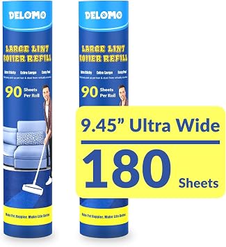 DELOMO 9.45 Large Lint Roller Refills, 2 Packs, 180 Extra Sticky Sheets