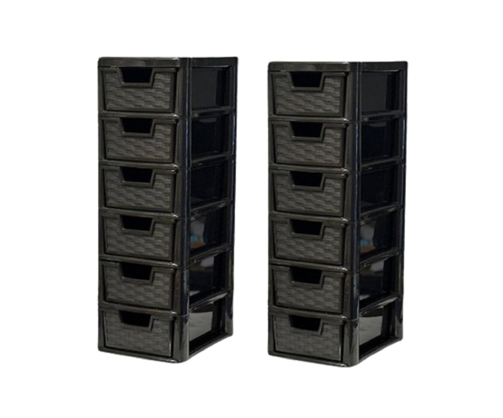 Khanary Black Rattan Storage Drawer Unit 6 Tier-2 Pack | S/Mini Rattan Black Plastic Chest Tower Cabinet Trolley |Tabletop Desktop Organizer Crafts Files Home Kids Bedroom Kitchen Office School | 26Dx19wx60h Cm