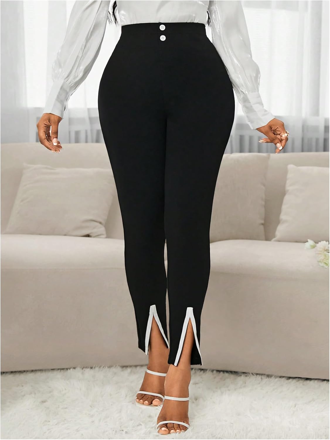 WDIRARA Women's Slit Skinny Pants Stretch Elastic Waist Work Office Pants - Image 5