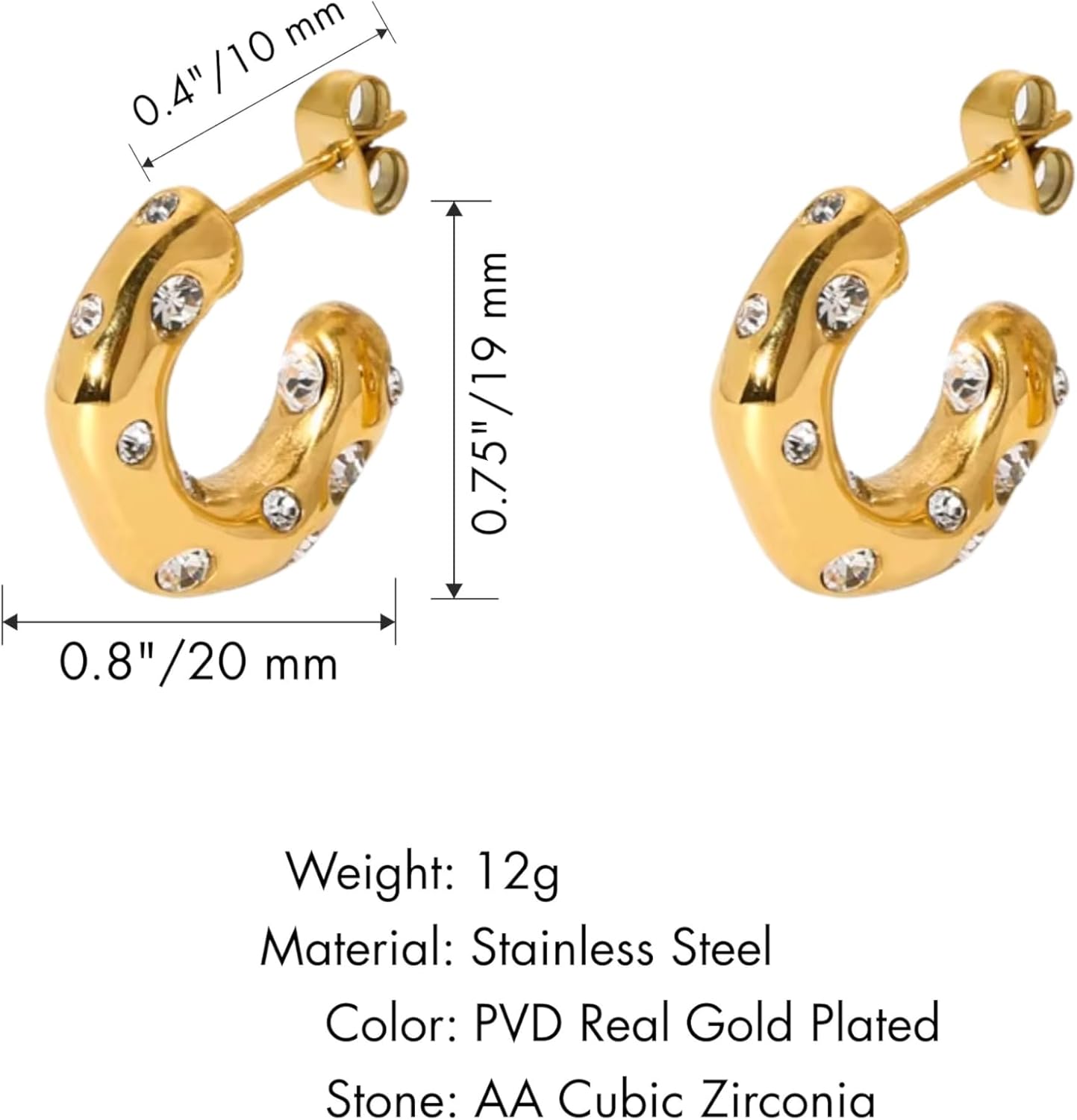 QueenBee 18K Gold and Silver Zirconia Studded Elegant Hoops, Sparkling Zirconia C-Shaped Earrings for Women, Chunky Bold Curved Hoops, Bubble Silver and Gold Earrings Jewelry Gift for Her - Image 5