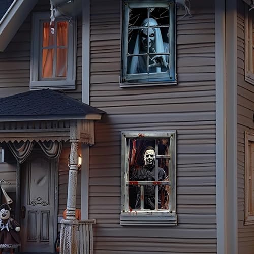Miniatura 2 de Cortina espeluznante de tela de Halloween, póster de película de terror, decoración de puerta para casa encantada, calcomanías de miedo para