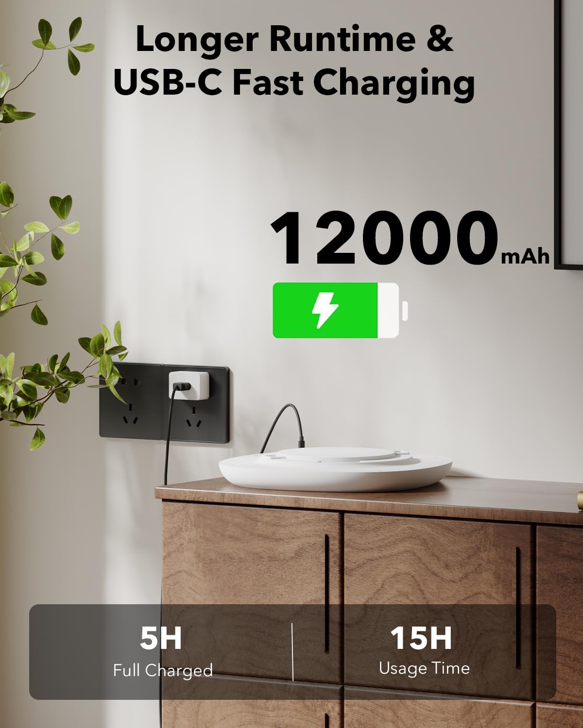 Plafonnier LED Sans Fil Rechargeable USB, 550LM 12000mAh IP54 Etanche Luminaire Plafonnier a Pile avec Detecteur Mouvement Lampe Plafond Batterie Télécommande Lumiere Capteur Interieur Garage Douche