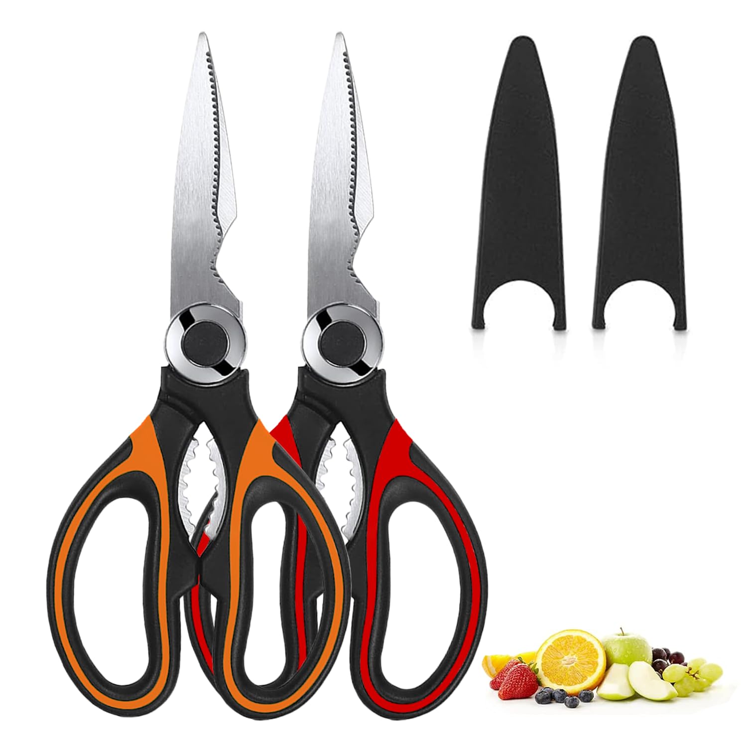 JANGIIKitchen Scissors Sharp Heavy Duty Kitchen Scissors Stainless Steel Multipurpose Utility Scissor Kitchen Shears for Chicken Meat Scissors UK Dishwasher Safe (2X Red/Black+Orange/Black)