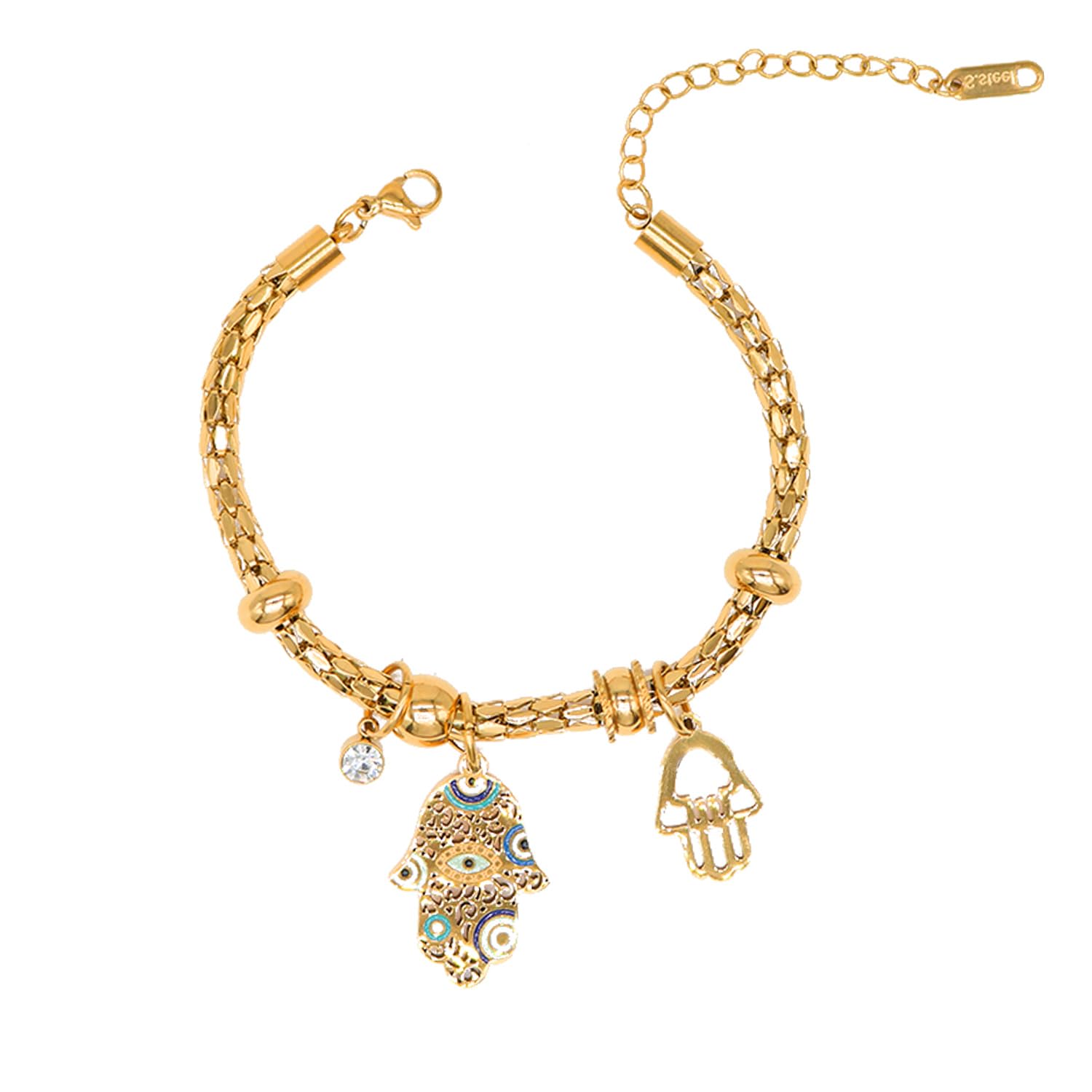 Gold Titanium Steel Chain Bracelets for Women Dainty Crystal Enamel Eyes Palm Charm Lucky Bracelet Adjustable Blessing fashion Jewelry Gifts for Women