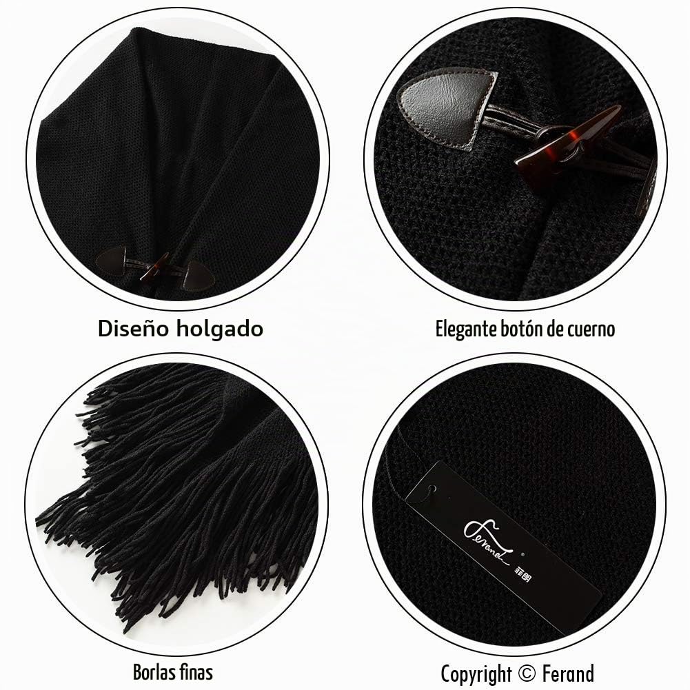 Ferand Poncho de Frente Abierto para Mujer, Chal Holgado con Flecos para Otoño Invierno