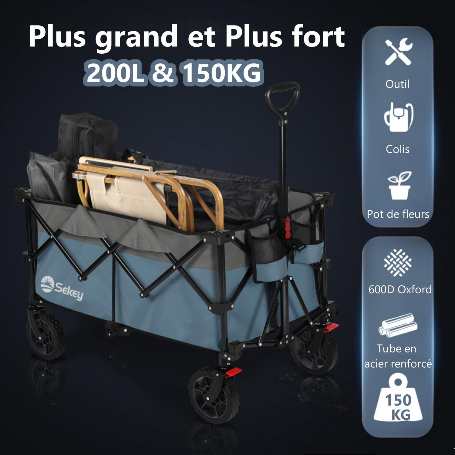Sekey XXL Plus Chariot Pliable de Jardin 200L 150KG, Chariot de Transport Tout-Terrain avec Freins, Breveté Pliable dans Quatre Directions, XXL-PlusG 4010, Bleu-Gris