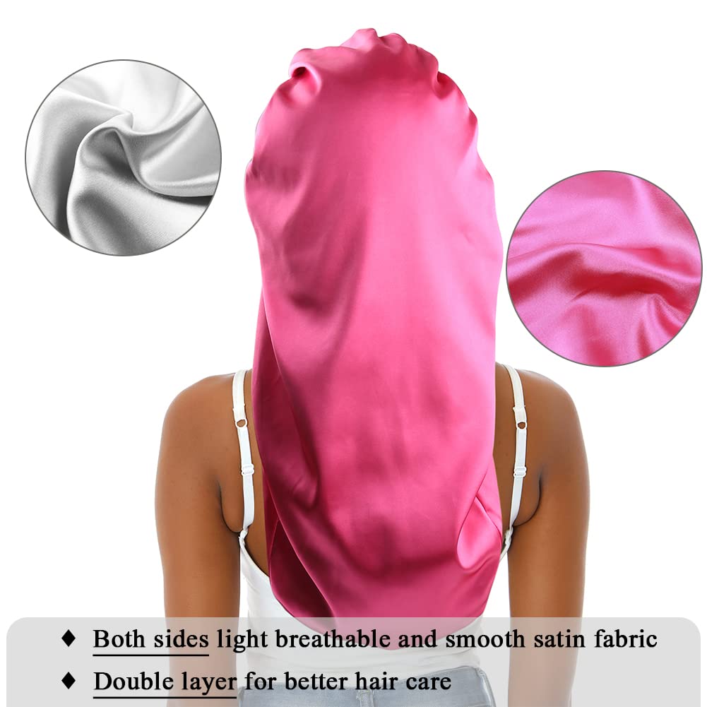 Extra Large Satin Bonnet Sleep Cap for Women, Double Layer Silky Hair Bonnet with Tie Band for Braids/Curly/Long Hair - Rosy Red