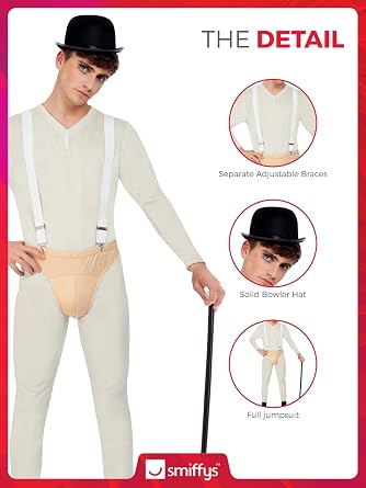 Smiffys Cult Classic Costume, White Bodysuit, Pants, Braces & Hat, Halloween Adult Fancy Dress, 1960s Dress Up Costumes