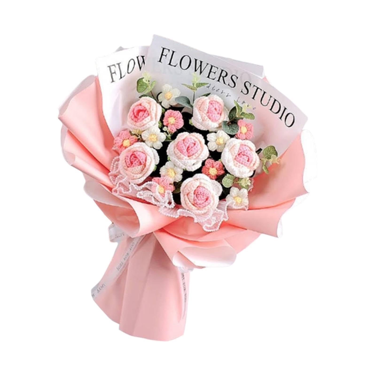 TWISAXC Knitted Artificial Flowers Bouquet Home Decor Festival Wedding Festival Wedding Graduation Anniversary Birthday Mother, Pink
