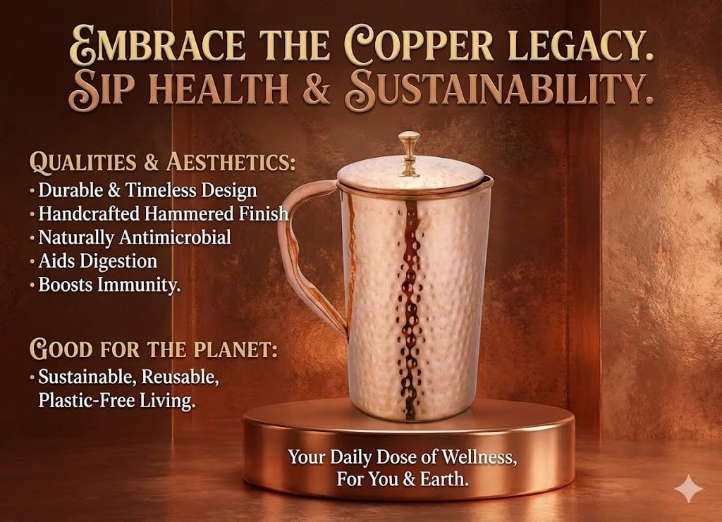 Taluka - Jarra de agua martillada de cobre puro con 2 vasos de vidrio martillado y 1 pajita de 70 onzas / 2000 ml/2 L para el hogar, restaurante, hoteles, regalos Ayurveda beneficios para la salud