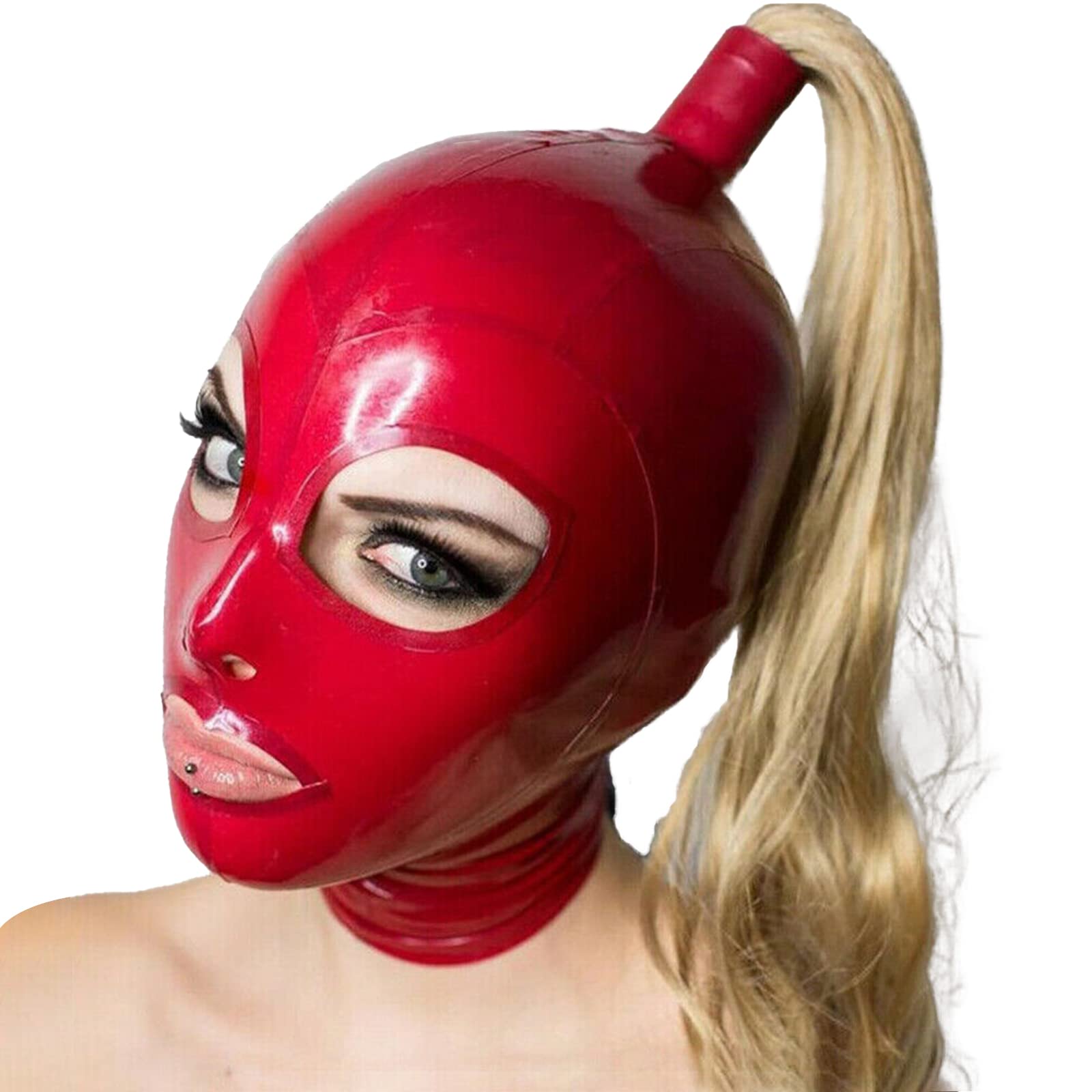Latex Kapuze mit Zopf und Augenloch, rote Vollgesichtsabdeckung mit Reißverschluss für Meister, Königin, Sex, BDSM, Party, Cosplay, Urlaub