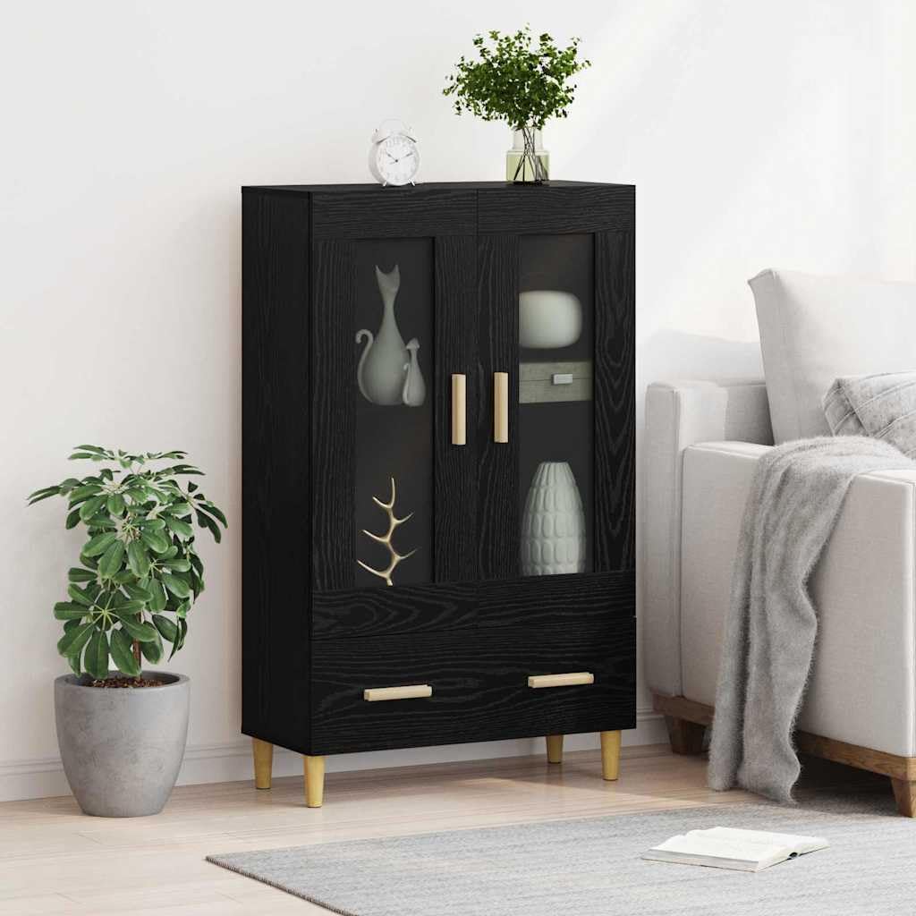 Haut Armoire de Salon en Bois d'Ingénierie, Haut de Buffet Moderne avec 2 Portes en Verre et Tiroir, Meuble de Rangement, Chêne Noir, 70 x 31 x 115 cm