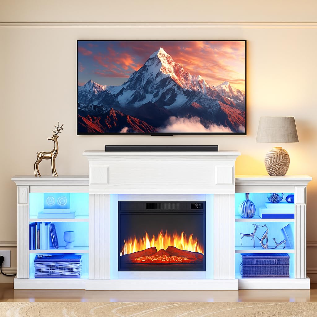YITAHOME 72" Camino Elettrico, Effetto Fiamma 3D Realistico Mobile TV con Spazio di Archiviazione Aperto, Camino Elettrico da Terra con Timer a Striscia Luminosa a LED e Telecomando