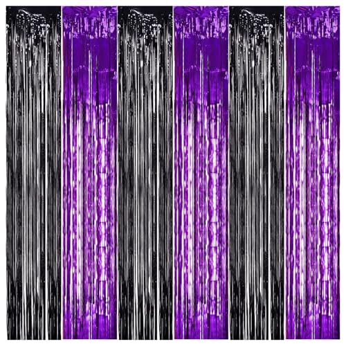 TONIFUL 2Pcs Black and Purple Metallic Tinsel Foil Fringe Curtain Streamers