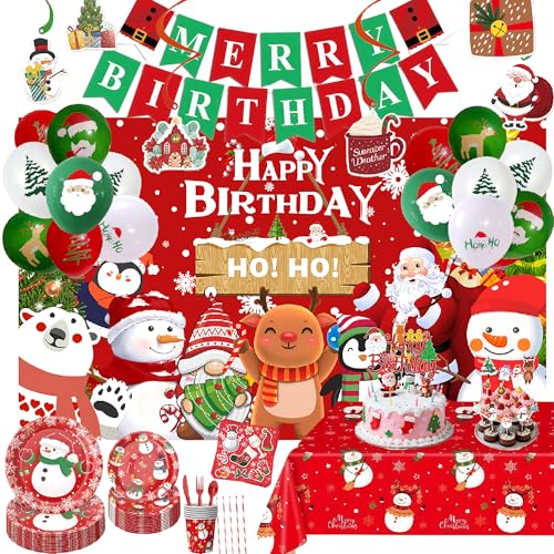 Christmas Themed Happy Birthday Party Decorations Plates Napkins Cups Tableware Christmas Snowman Backdrop Tablecloth Happy Birthday Banner Cake Topper Colorful Printed Balloons for Kids Adults
