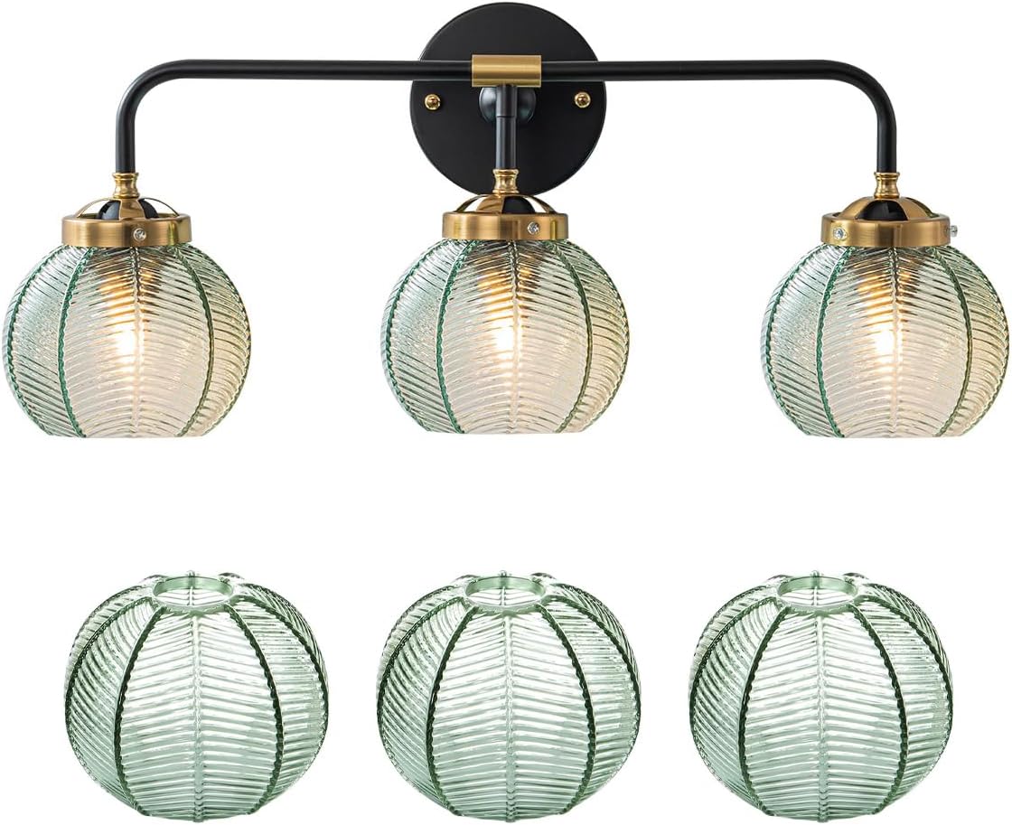 Green Glass Lampshade Replacement Glass Globe Shade 15cm/5.9″ Ribbed GlassShade Mid Century Modern Accessories for Ceiling Pendant Light Wall Sconces Chandelier (Green)