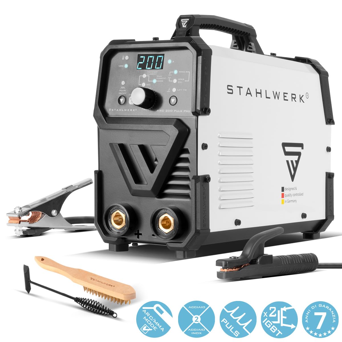 STAHLWERK Saldatrice ad elettrodo ARC 200 Puls Pro – Saldatura senza gas, compatto MMA, Inverter Lift-TIG 200 A, Hot Start, Arc Force, Anti-stick, tecnologia IGBT, Pulse