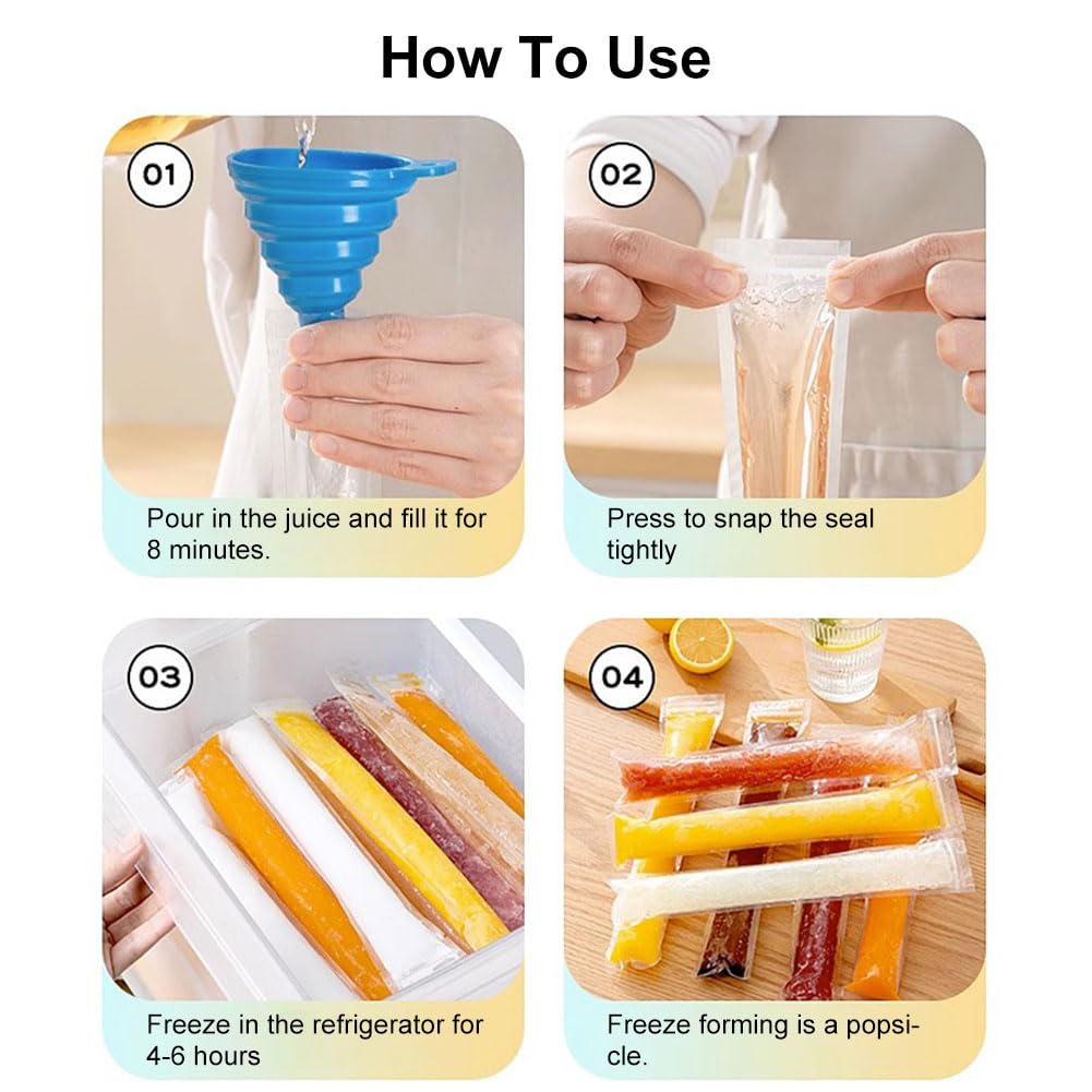 100PCS Bolsas Paleta Hielo con 1 Embudo, Bolsas para Helados, Bolsa de Molde Para Paletas para Paletas de Hielo,Bolsas para Moldes de Helado con Para Yogur, Helado, Jugo