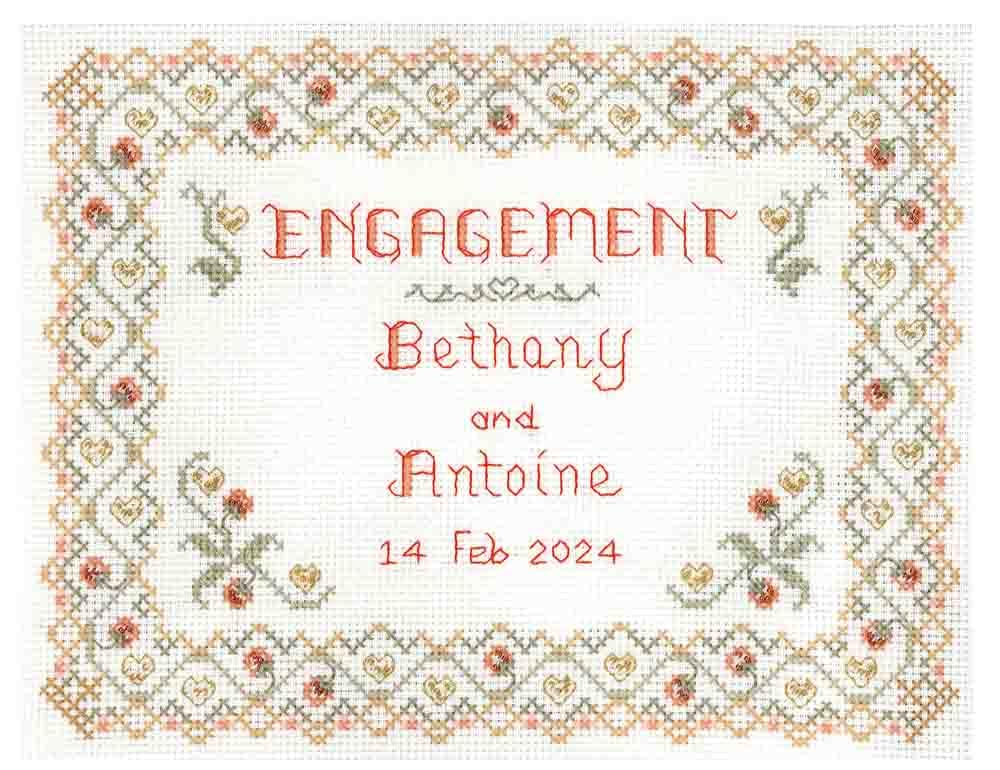 Lifetime Samplers & Decorative Textiles Engagement Sampler with Beads with Clear Colour Chart - Complete Cross Stitch kit on 14 aida