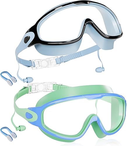 Aegend Paquete de 2 gafas de natación de visión amplia, antivaho, UV, sin fugas, con tapones para los oídos para niños de 3 a 14 años