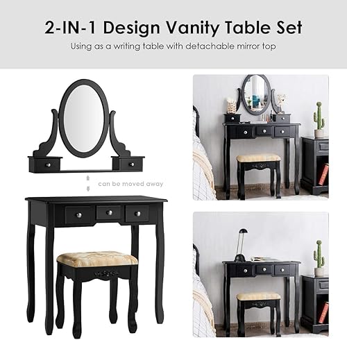 Miniatura 14 de LDAILY Juego de mesa de tocador estable con espejo giratorio de 360°, escritorio de maquillaje con taburete acolchado y 5 cajones para espacios