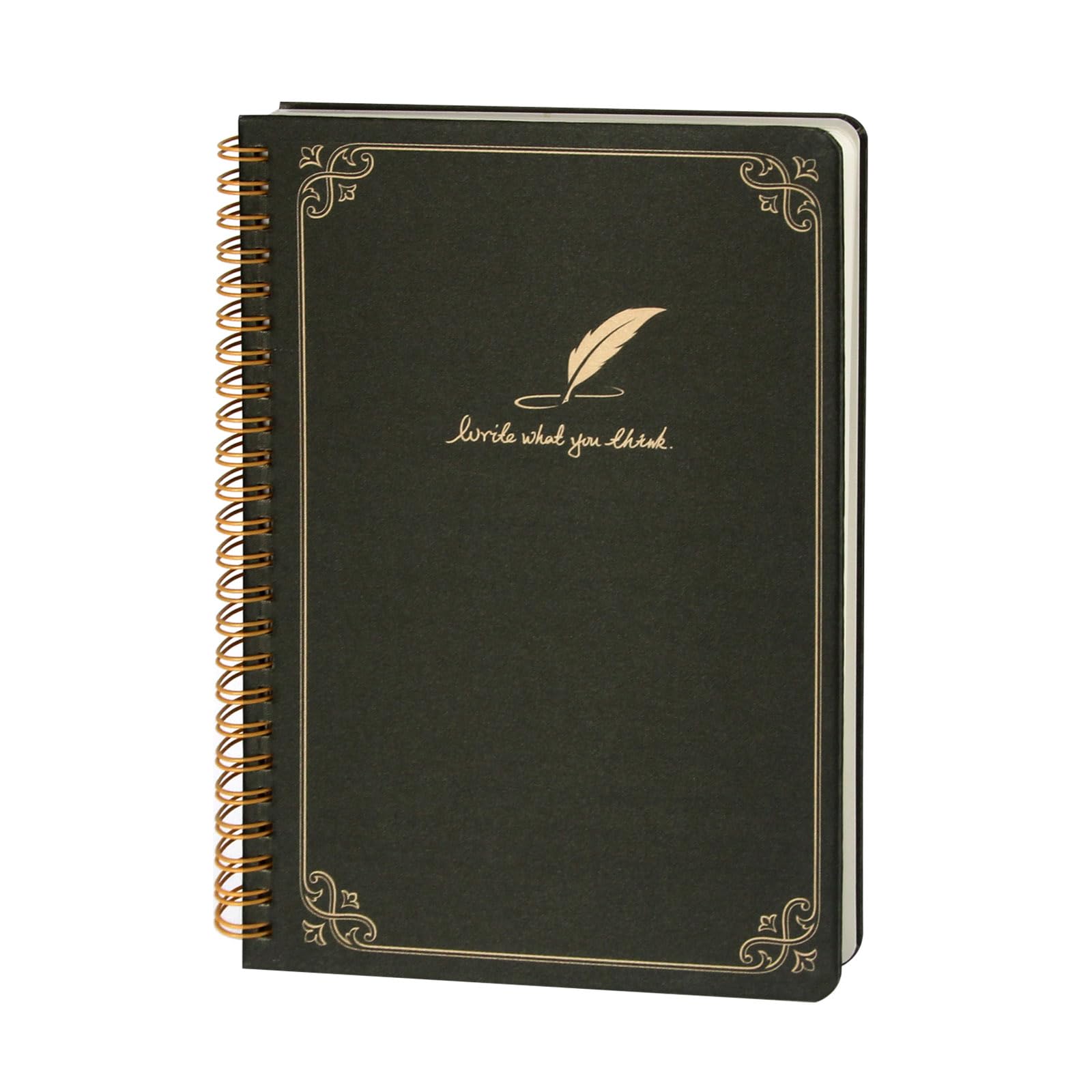 WETLOTE Spiral Notebook A5 Lined, 160 Pages, 80 gsm – Fabric Cover with Gold-Coloured Print (Floral, Feather or Coffee Cup Design), Notebook for School, Office & Travel