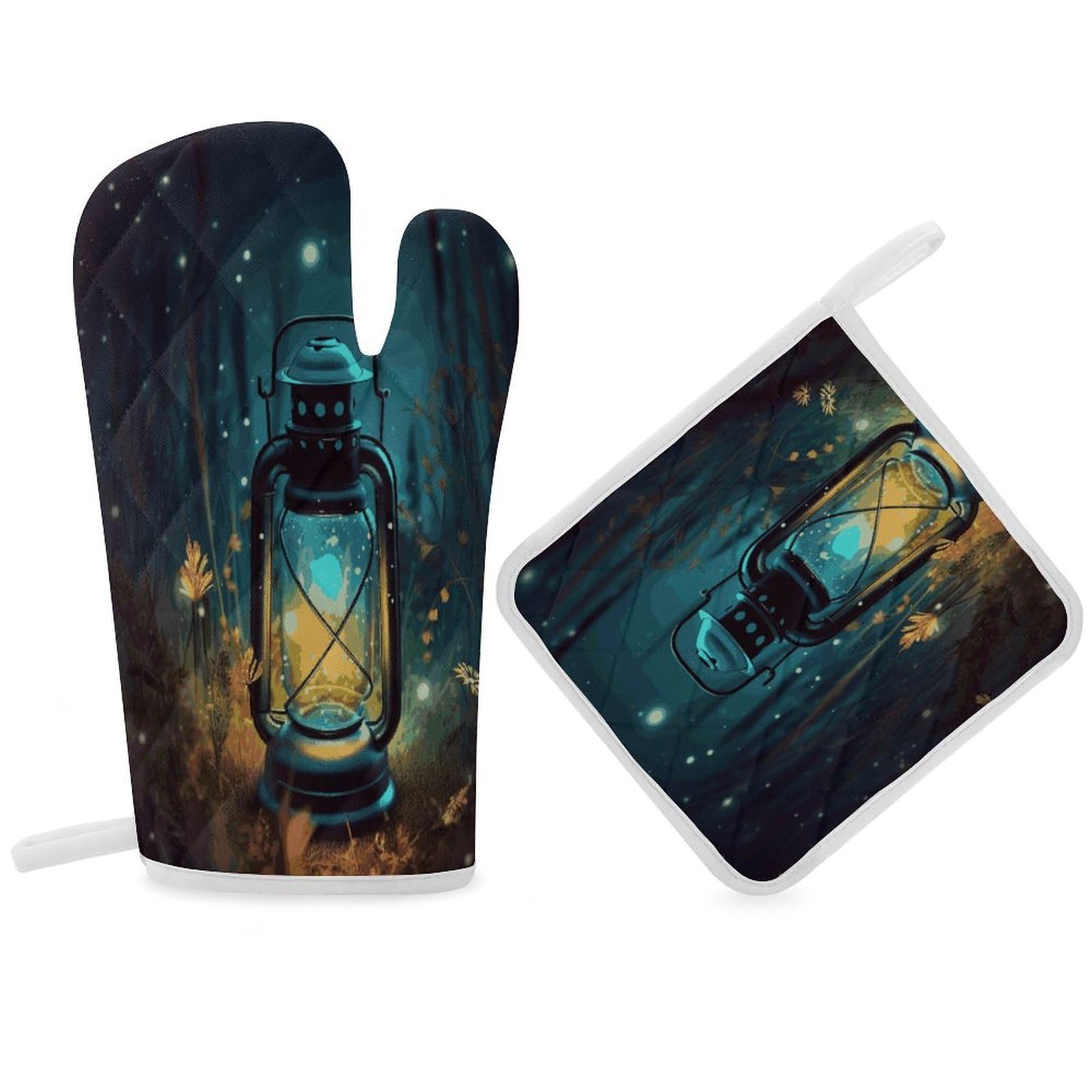 Fodpand Women's Style Fireflies And Lantern Oven Mitts And Pot Holders Sets,Oven Gloves For Kitchen Oven Mitts And Potholders For Baking Cooking Grilling Apartment Essentials